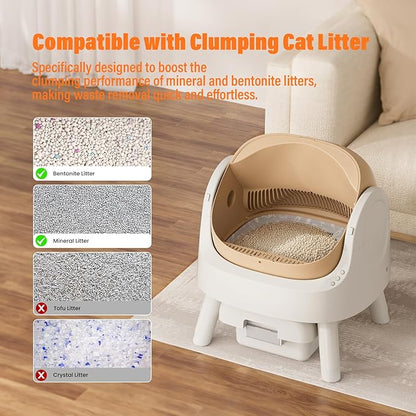 Automatic Litter Box, Self Cleaning Litter Box with Open Top Design, Integrated Safety Protection, Included Mat and Liner, Brown