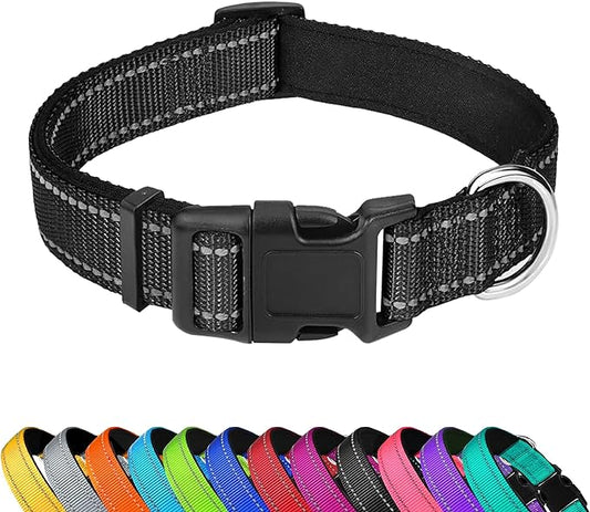 Reflective Dog Collar, Adjustable Soft Neoprene Padded Nylon Pet Collars with Buckle for Medium Dogs, Black,M