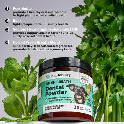 Dog Breath Freshener Dental Powder for Teeth Cleaning Plaque Off, Dental Care for Dogs, Tartar Remover for Teeth with Natural Herbal Blend + Postbiotics (Mint - 30 Servings)