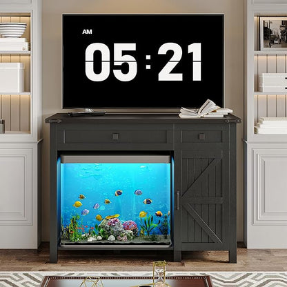 40 Gallon Aquarium Stand With Charging Station, Farmhouse Fish Tank Stand, 30-40 Gallon Reptile Tank Stand Terrarium Stand with Drawer and Cabinet Storage, Sturdy Heavy Duty 41.9"×18.3" Tabletop - Black