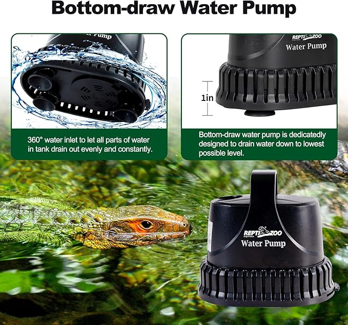 REPTIZOO Low Water Level Drain Pump, 243GPH 26W Submersible Drain with Bottom Suction, Flow Adjustable Bottom-draw Water Pump for Turtle/Fish/Paludarium Tanks