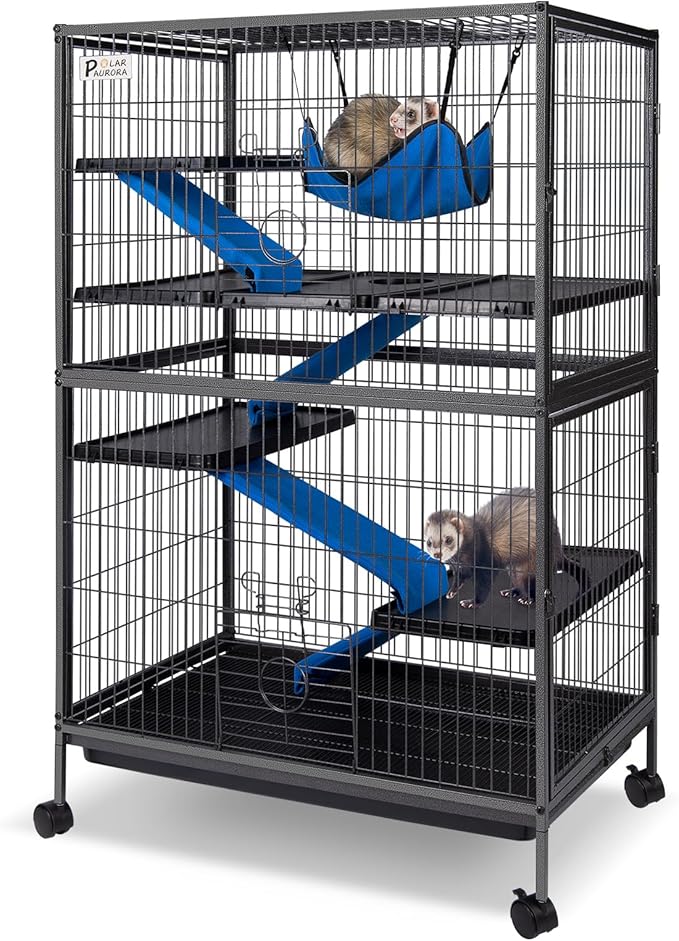Polar Aurora Metal Small Animal Cage 5 Tiers Homes for Pets Removable Ferret Cage with Lockable Wheels, 50" H Deluxe Chinchilla Cage with Hammock and Removable Tray