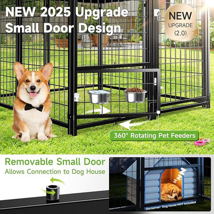 Outdoor Dog Kennel with Roof, Weatherproof Dog Kennel Outside with Swivel Feeders & Removable Doggy Door, Backyard Dog Run Playpen Pet Enclosures for Medium to Large Dogs (5'L x 5'W x 5'H)