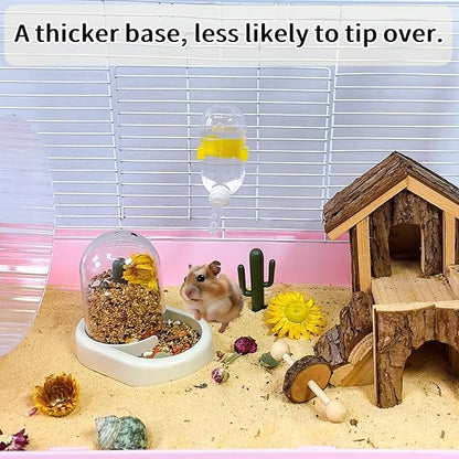 Hamiledyi Automatic Hamster Feeder Rat Food Dispenser Bowl with Water Bottle Food Dish Bowl for Dwarf Hamster Mouse Gerbils (Yellow)