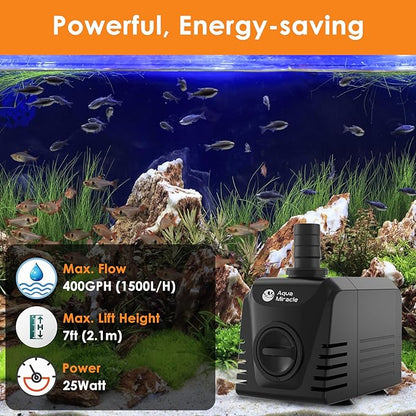 AquaMiracle Submersible Water Pump Aquarium Water Pump with Flow Control, Pond Pump Fountain Pump for Pond, Fountain, Waterfall, Statuary, Water feature, Hydroponics (400GPH, 25W)