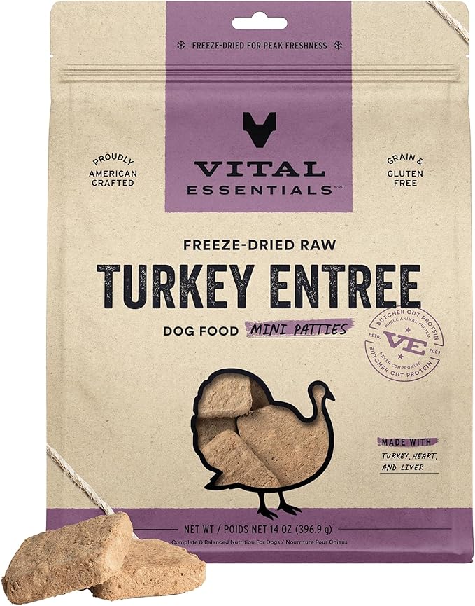 Vital Essentials Freeze Dried Raw Dog Food, Turkey Mini Patties Entree, 14 oz