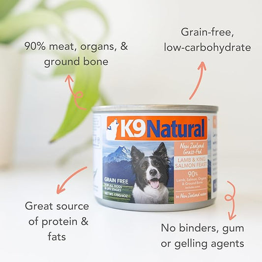 K9 Natural Wet Dog Food Pate, Lamb & King Salmon Feast, 6 Oz Cans (Pack of 12), Grain Free, Made in New Zealand with Grass-Fed, Free-Range Lamb and Sustainably Caught King Salmon