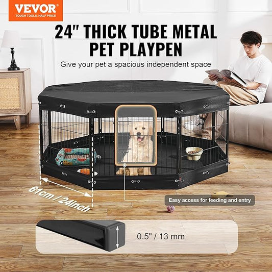 VEVOR Foldable Dog Playpen, 8-Panel Metal Pet Exercise Pen, 24"x24" Dog Fence with Door, Storage Bag, Top Cover, and Bottom Pad for Indoor and Outdoor Use - Ideal for Dogs, Cats, and Small Animals