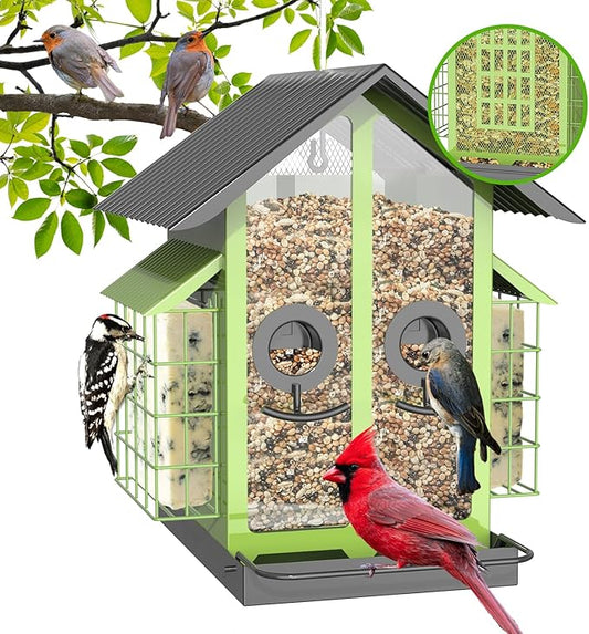 Bird Feeders for Outdoors, Metal Bird Feeder with Double Suet Cage Weatherproof Metal Roof, 2 in 1 Mixed Seeds Suet Feeder, 4Lbs Large Capacity, Great for Finch、Cardinal、Chickadee（Green）