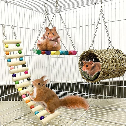 Hamiledyi Hamster Hanging Hammock Basket 3 Piece Wooden Rat Ladder Swing Set Cage Clmbing Toys for Syrian Hamster Sugar Glider Bird Mice Playing Sleeping