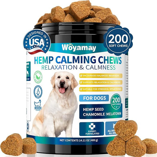 Hemp Calming Chews for Dogs, 200 Treats Dog Calming Chews for Anxiety & Stress Relief, Anxiety Relief Treats for Dogs with Hemp Oil, Melatonin Dog Calm Treats for Stress|Sleep|Separation