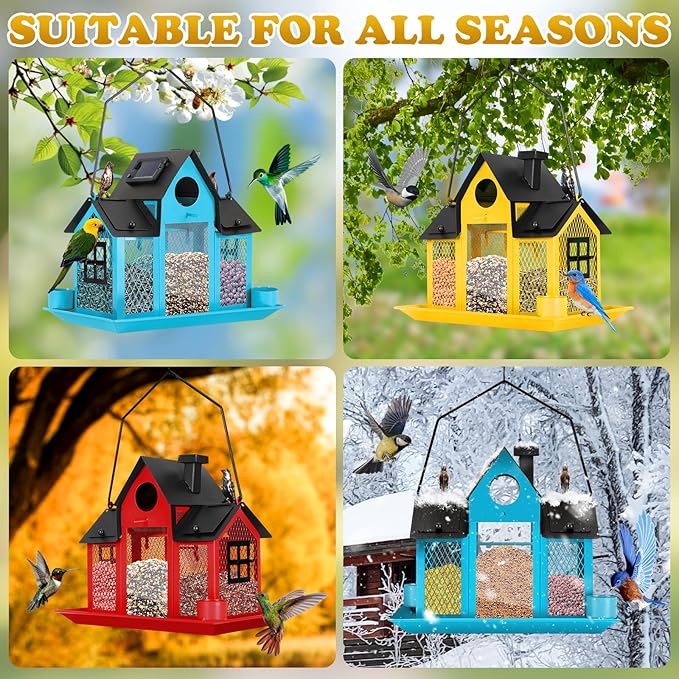Solar Bird Feeders House for Outside Hanging, Metal Wild Bird Feeder for Outdoors Large Capacity Cardinal Birdfeeder Birdhouses Metal Bird Feeding Station Blue