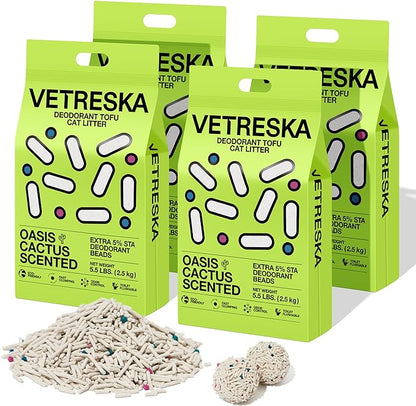 VETRESKA Tofu Cat Litter, Natural Strong Clumping Flushable Litter Pellets, Ultra Water Absorbent Deodorant Tofu Litter, Dust-Free Low Tracking Cat Litter, Cactus(5.5lb×4bags)