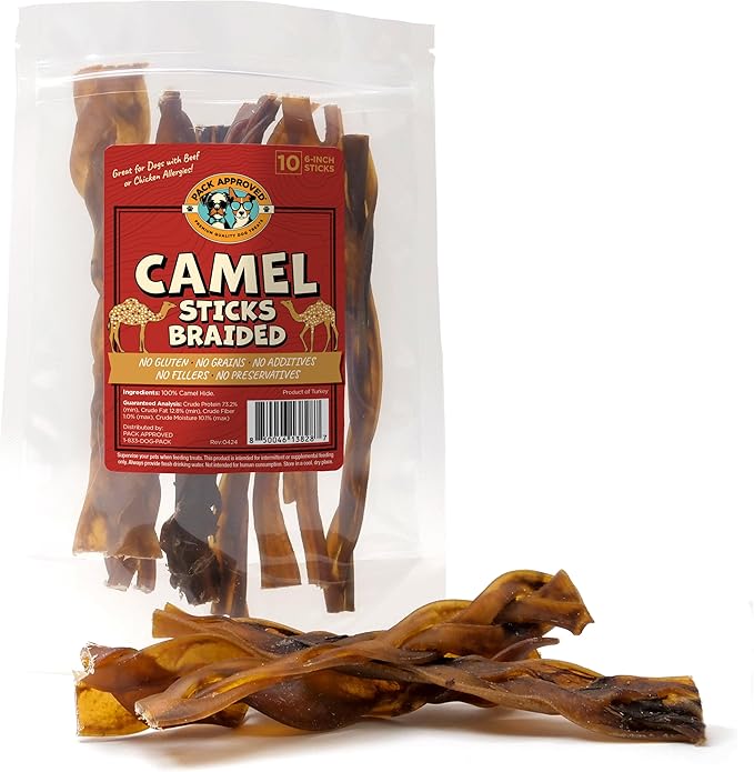6" Braided Camel Sticks - Long Lasting Dog Chews for Aggressive Chewers - Rawhide Alternative, Grain Free, One Ingredient Dog Treats - Great for Dog Dental Care - (10 Pack)