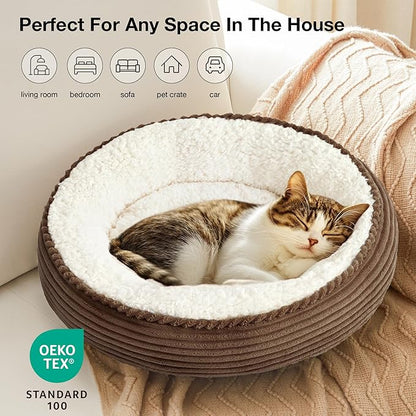Love's cabin Round Donut Cat and Dog Cushion Bed, 20in Pet Bed for Cats or Small Dogs, Anti-Slip & Water-Resistant Bottom, Super Soft Durable Fabric Pet beds, Washable Luxury Cat Dog Bed Brown Stripe