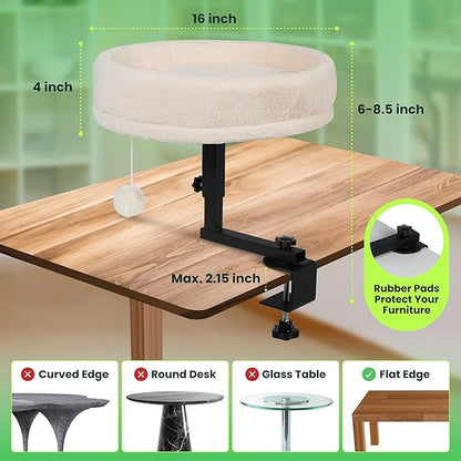 Zayana Cat Desk Bed Attachment - 360° Rotating & Adjustable Height Cat Bed Desk Mount with Soft Faux Fur Washable Cover, Space Saver Hammock for Home Office & Gaming Table, Supports Up to 45 lb, Beige