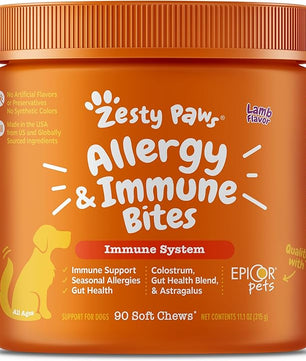 Zesty Paws Dog Allergy Relief- Dog Itching Skin Relief- Dog Probiotics for Itchy Skin and Itchy Ears- Dog Allergy Paw Relief- Dog Allergy Chews- Dog Itch Relief - Dog Skin Allergy Relief - Lamb - 90ct