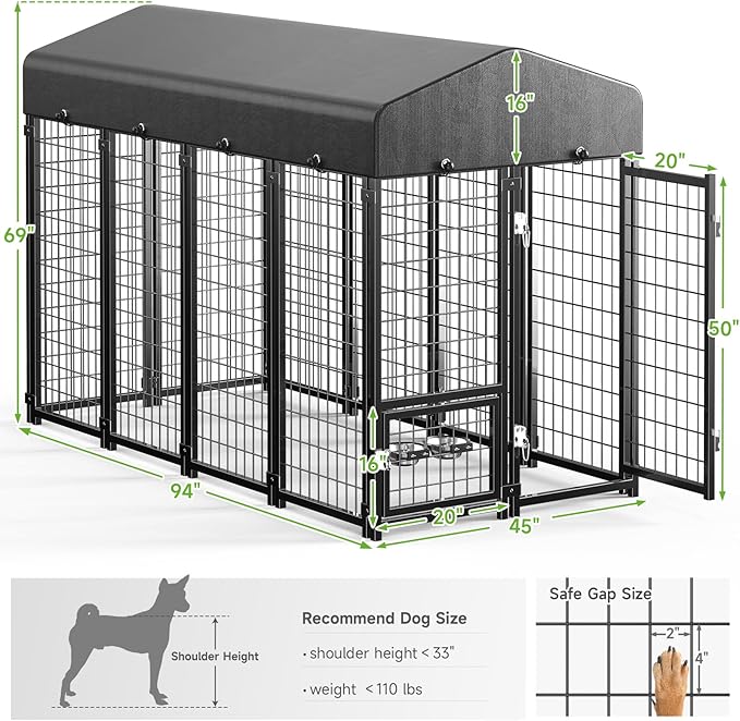 Outdoor Dog Kennel with Roof, Weatherproof Large Dog Kennel Outside with Swivel Feeders & Removable Doggy Door, Heavy Duty Dog Run Pet Enclosures for Medium to Large Dogs (8'L x 4'W x 6'H)