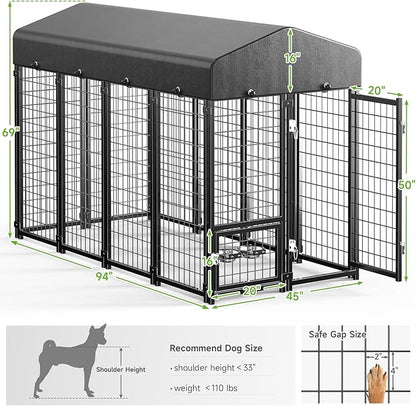 Outdoor Dog Kennel with Roof, Weatherproof Large Dog Kennel Outside with Swivel Feeders & Removable Doggy Door, Heavy Duty Dog Run Pet Enclosures for Medium to Large Dogs (8'L x 4'W x 6'H)