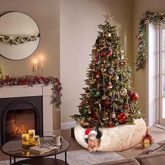 Cat Tunnel with Cat Bed for Indoor Cats, Soft Plush Peekaboo Cat Cave Donut Tunnel, Multifunctional Playground Toys Hideplace for Small Medium Large Kittens, Rabbit, Ferret (Cream White)