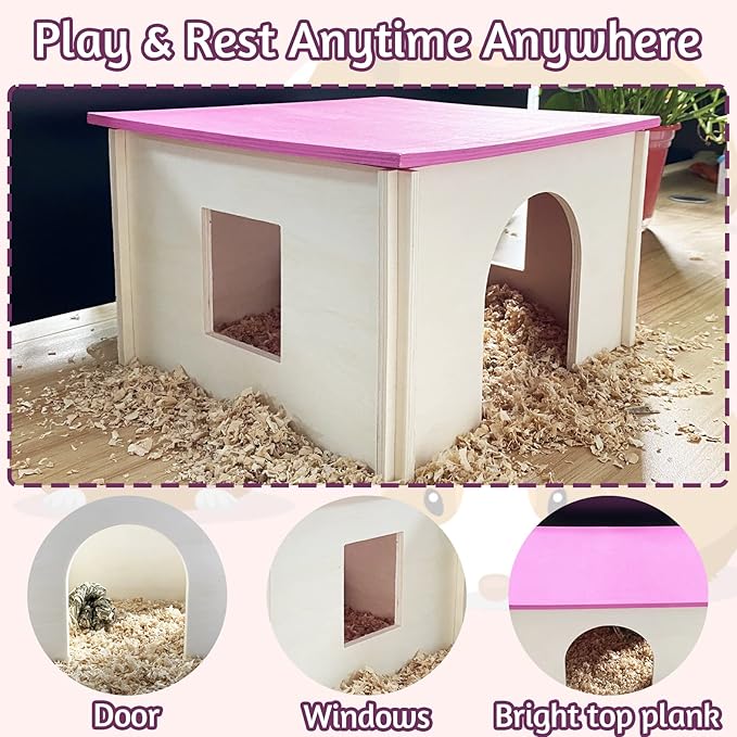Fhiny Guinea Pig Wood House with Windows and Roof, Detachable Chinchilla Hut Hideout Hideaway Natural Hamster Habitat Decor for Hamsters Hedgehogs Squirrels or Other Small Animals (Random Color)