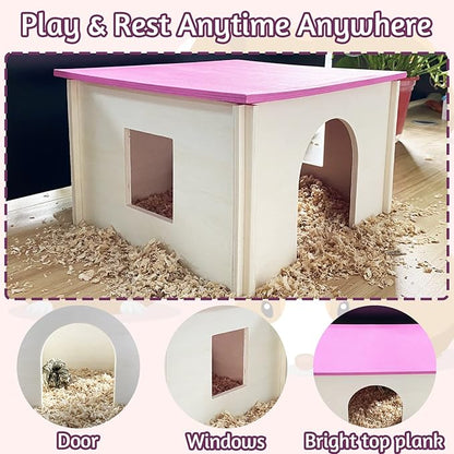 Fhiny Guinea Pig Wood House with Windows and Roof, Detachable Chinchilla Hut Hideout Hideaway Natural Hamster Habitat Decor for Hamsters Hedgehogs Squirrels or Other Small Animals (Random Color)