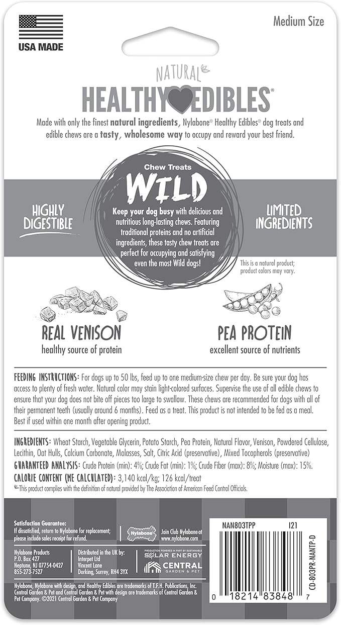 Nylabone Healthy Edibles WILD Natural Dog Chew Treats for Large Dogs, Long Lasting Dog Healthy Chew Antler Bone Made in USA, Venison Flavor, For Dogs Up to 50 lbs. (2 Count)