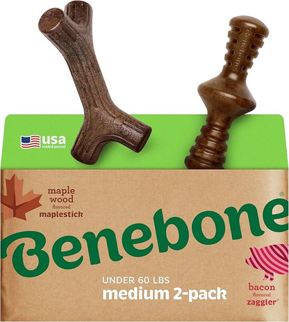 Benebone 2-Pack Maplestick/Zaggler Durable Dog Chew Toys, Real Maplewood, Real Bacon, Made in USA Medium