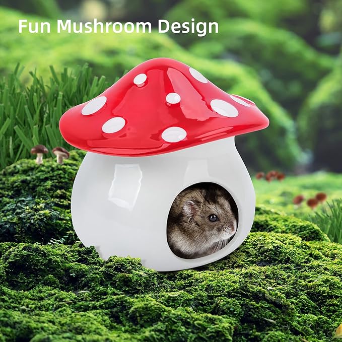 Niteangel Ceramic Hamster Habitat Hideout: - Hideaway House for Syrian Dwarf Hamster Mice Gerbils Lemmings or Other Similar-Sized Small Pet (Mushroom-Shaped)
