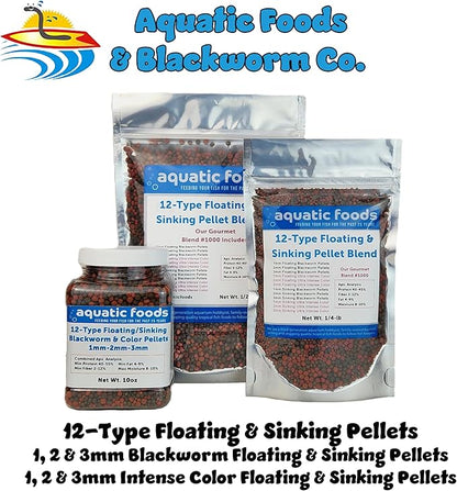 Aquatic Foods Inc. 12-Type Ultra Mix of 1mm, 2mm, 3mm Floating & Sinking California Blackworm and Intense Coloring Pellets for All Tropical Fish & Pond Fish...1/4-lb Bag