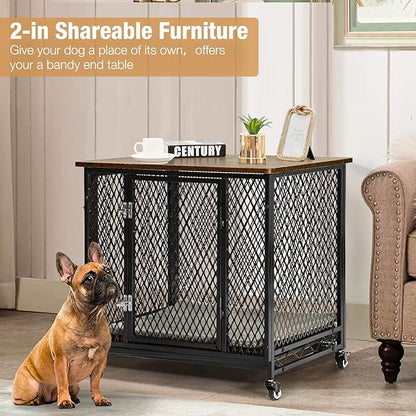 Dog Crate Furniture with Cushion, Wooden Dog Crate Table, Modern Kennel for Dogs Indoor, Heavy-Duty Dog Cage with Multi-Purpose Removable Tray, 27.2" L