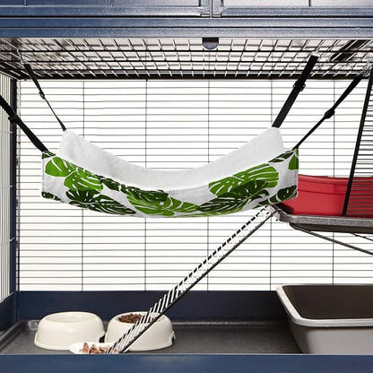 2 Pieces Reversible Cat Hanging Hammock Soft Breathable Pet Cage Hammock with Adjustable Straps and Metal Hooks Double Sided Hanging Bed for Small Dogs Rabbits(Monstera Leaf,M)