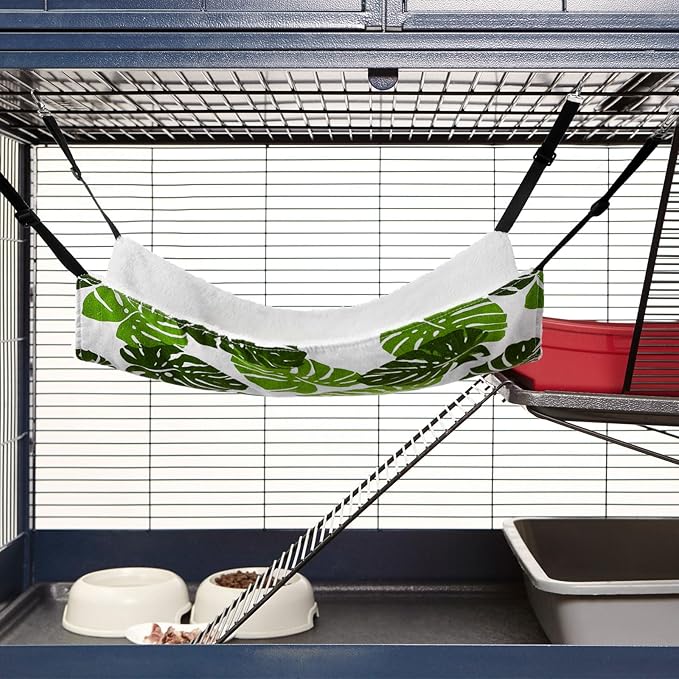 2 Pieces Reversible Cat Hanging Hammock Soft Breathable Pet Cage Hammock with Adjustable Straps and Metal Hooks Double Sided Hanging Bed for Small Dogs Rabbits(Monstera Leaf,L)