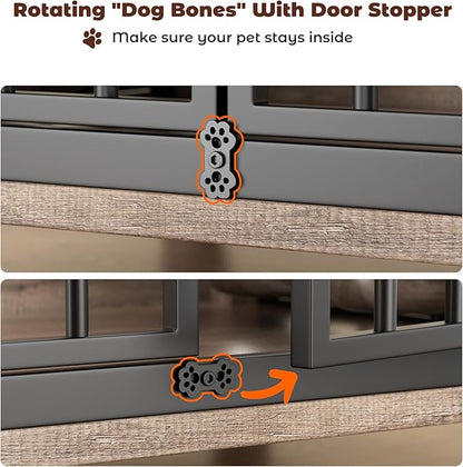 Lulive 37.8" Dog Crate Furniture, Large Wooden Dog Kennel Indoor with 360°& Adjustable Raised Dog Bowls, Double Doors Furniture Decorative Side End Table Dog Cage for Medium Dogs, Grey