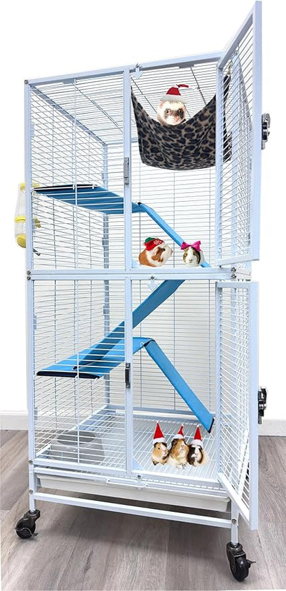 Deluxe Two Full Story Double Unit 4-Tiers Chew-Proof Tight 1/2-Inch Bar Spacing Double Durable Front Doors Feisty Ferret Hammock Squirrel Chinchilla Rat Gerbil Small Animal Critter Rolling Cage