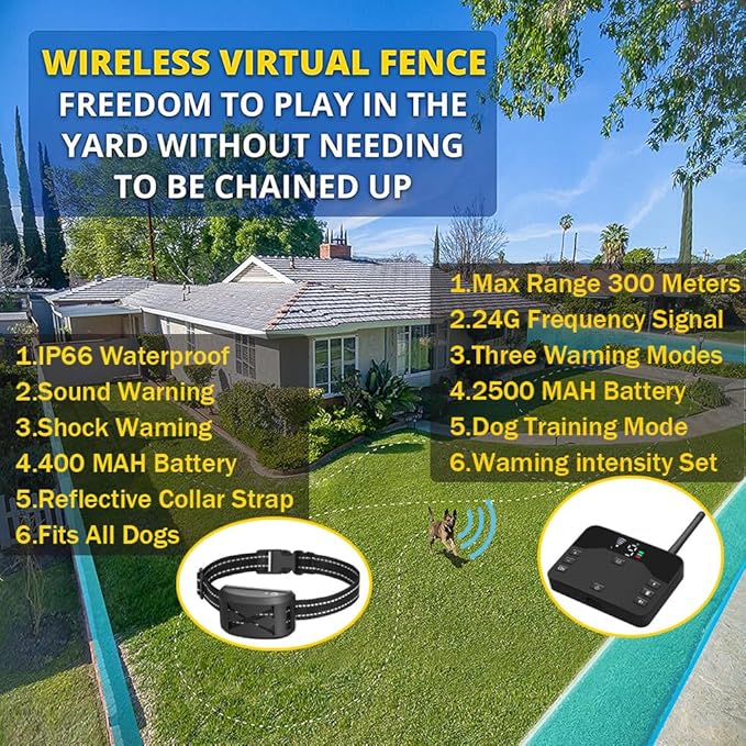 Wireless Dog Fence,Outdoor Electric Pet Containment System with Remote, Waterproof Training Collar with Adjustable Vibration & Shock, Safe Effective, Boundary Container for 1/2/ 3 Dogs,for3dogs