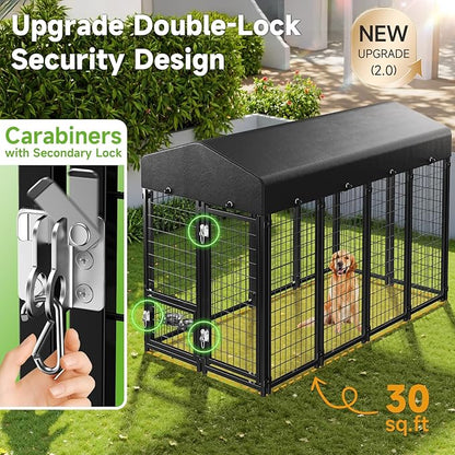 Outdoor Dog Kennel with Roof, Weatherproof Large Dog Kennel Outside with Swivel Feeders & Removable Doggy Door, Heavy Duty Dog Run Pet Enclosures for Medium to Large Dogs (8'L x 4'W x 6'H)