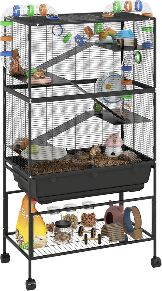 PawHut Large Hamster Cage with Deep Tray, 5 Tier Rolling Rat Cage with Storage Shelf, Big Exercise Wheel, Tube System, Hut, Platforms, Ramps, Food Dish, Water Bottle, for Syrian, Gerbil, Mouse