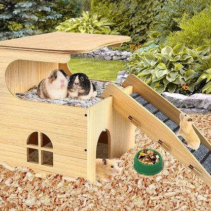 Wooden Guinea Pig Castle Hideout,Enlarged Guinea Pig Castle,Wooden Hamster House with Stairs & Mat,Long-Lasting Small Pet Bed for Piggies Chinchilla Rat Hamster Bunny