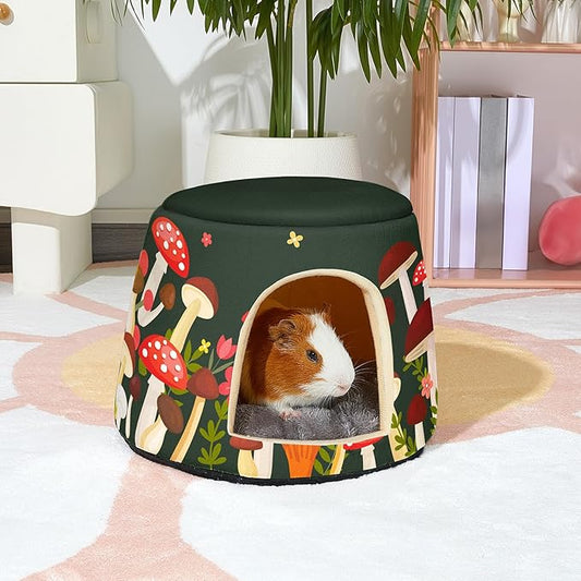 Glittme Guinea Pig Hideout, 2 in 1 Guinea Pig Bed with Removable Pad, Washable Bunny Bed, Foldable Guinea Pig Accessories for Guinea Pig Cages, Guinea Pig, Bunny, Hamster, Hedgehog, Rabbit,Mushroom
