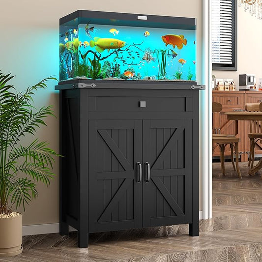 20 Gallon Fish Tank Stand with Power Outlets, Farmhouse Decorative Aquarium Stand Furniture with Adjustable Shelves, 10-20 Gallon Reptile Turtle Tank Stand with Cabinet Storage (Black, 20GL)