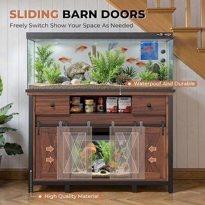 Miereirl 55-75 Gallon Fish Tank Stand with Power Outlet – Heavy Duty Aquarium Stand, 800 lb Capacity, Farmhouse Style, Adjustable Storage & Sliding Barn Doors, Light Brown