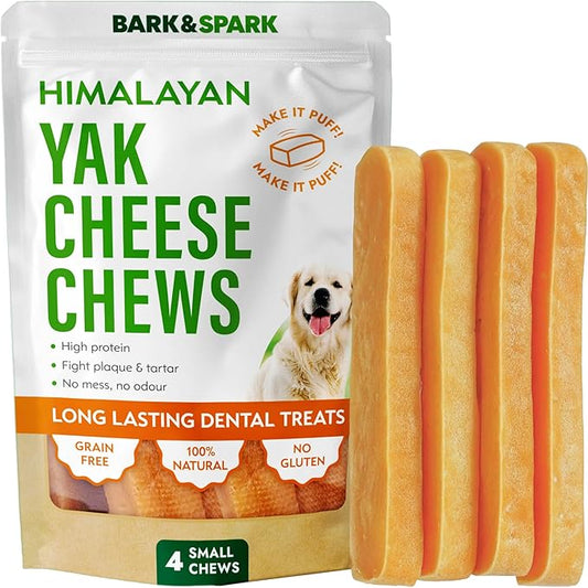 BARK&SPARK Yak Cheese Himalayan Dog Chews - 100% Natural & Long Lasting Dog Treats, Yak Milk Chews for Small, Medium & Large Dogs, Lactose & Gluten Free Dental Sticks, Healthy & Safe (4 Small Chews)