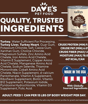 Dave's Pet Food Grain Free Wet Dog Food (95% Turkey & Turkey Liver), Made in USA Single-Source Protein, Limited Ingredients, 12.5 oz Cans (12 Pack)
