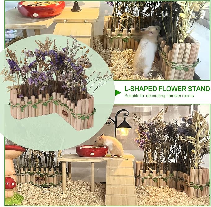 Hamster Cage Sprays Flower Foraging Holder - Natural Wood Feeding Stand, Small Pet Habitat Accessories for Hamsters Mouse Guinea Pig Dwarf Gerbils Syrian Mice (L Shape)