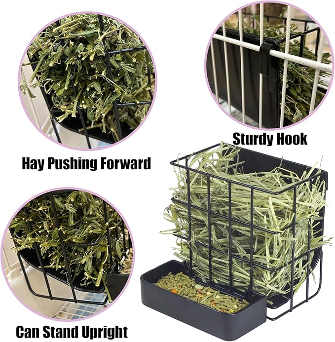 Rabbit Hay Feeder Guinea Pig Hay Feeder, Hay and Food Holder with Hook Heavy-Duty Metal Frame Hay Rack，for Bunny, Guinea Pigs,Chinchillas， Comes with Two Multifunctional Zippers-6.8x6.7x6.6inch