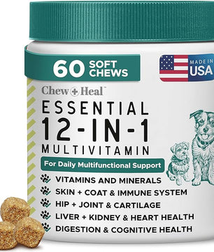 12-in-1 Multivitamin for Dogs - 60 Puppy and Senior Dog Vitamin and Supplement Soft Chews for Hip and Joint - Advanced Formula with Glucosamine, Omega 3,6,9, Vitamins, Probiotics, and More