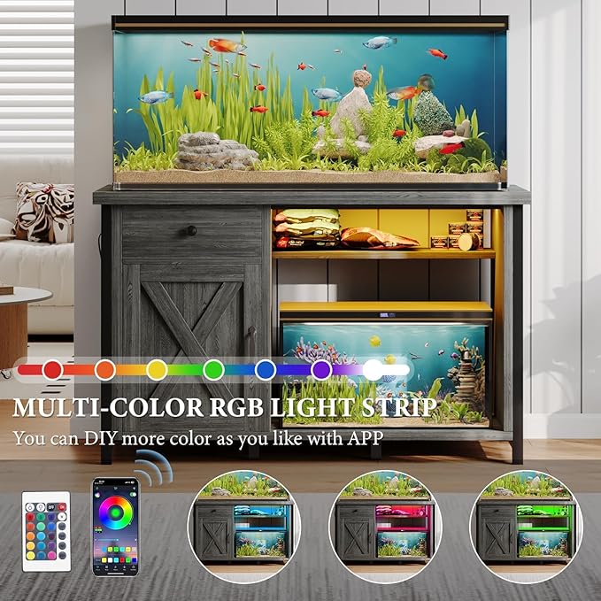 4ever2buy 55-75 Gallon Fish Tank Stand with Power Outlets, LED Light, Heavy Duty Aquarium Stand with Cabinet for Fish Tank Accessories Storage, for Turtle Tank, Reptile Terrarium, 1100LBS, Gray