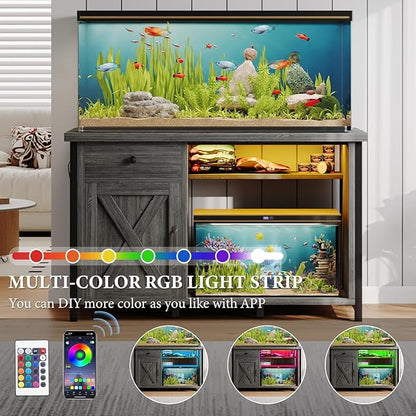 4ever2buy 55-75 Gallon Fish Tank Stand with Power Outlets, LED Light, Heavy Duty Aquarium Stand with Cabinet for Fish Tank Accessories Storage, for Turtle Tank, Reptile Terrarium, 1100LBS, Gray