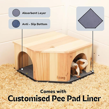 Wooden Guinea Pig Corner Hideout - Hidey for Chinchilla, Rat and Hedgehog with Pee Pad, Fully Assembled & Dual Entrances - Guinea Pig Accessories by The Kozko Hut
